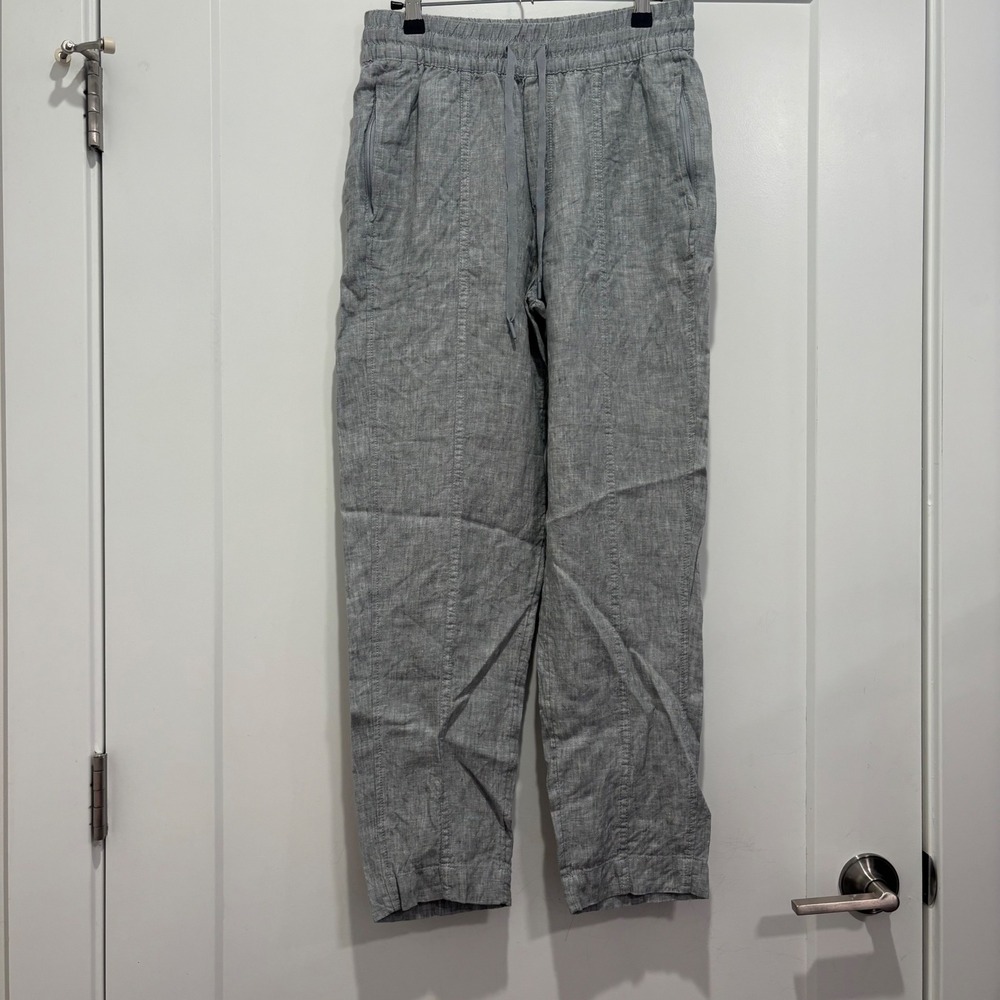 Athleta Grey 100% Linen Drawstring Pants Elastic Waist Straight Leg Womens XS